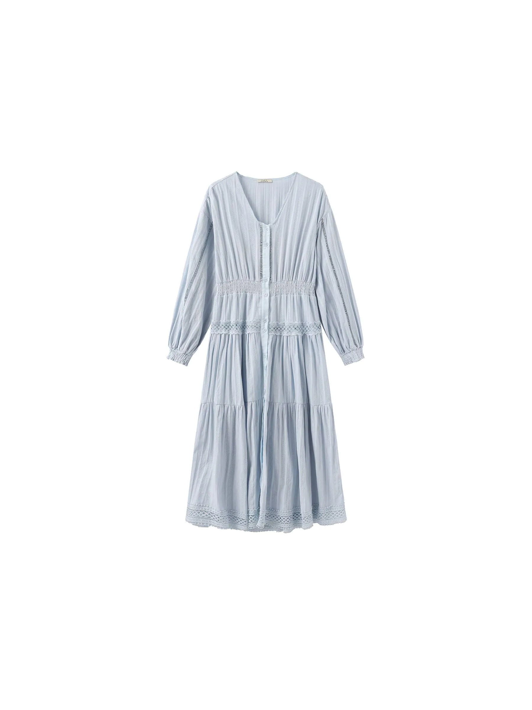 100% Cotton Lace Hollow V-Neck Waist-Cinched Maxi Dress: AliceBlue / M