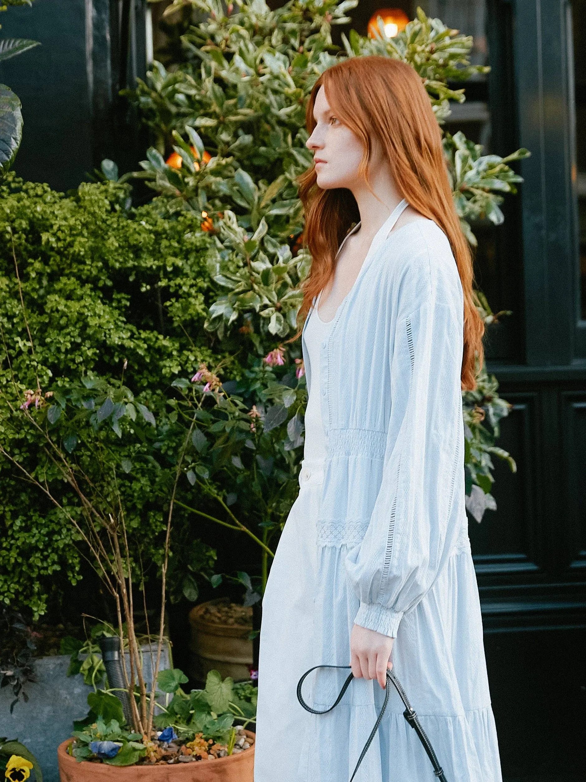 100% Cotton Lace Hollow V-Neck Waist-Cinched Maxi Dress: AliceBlue / M