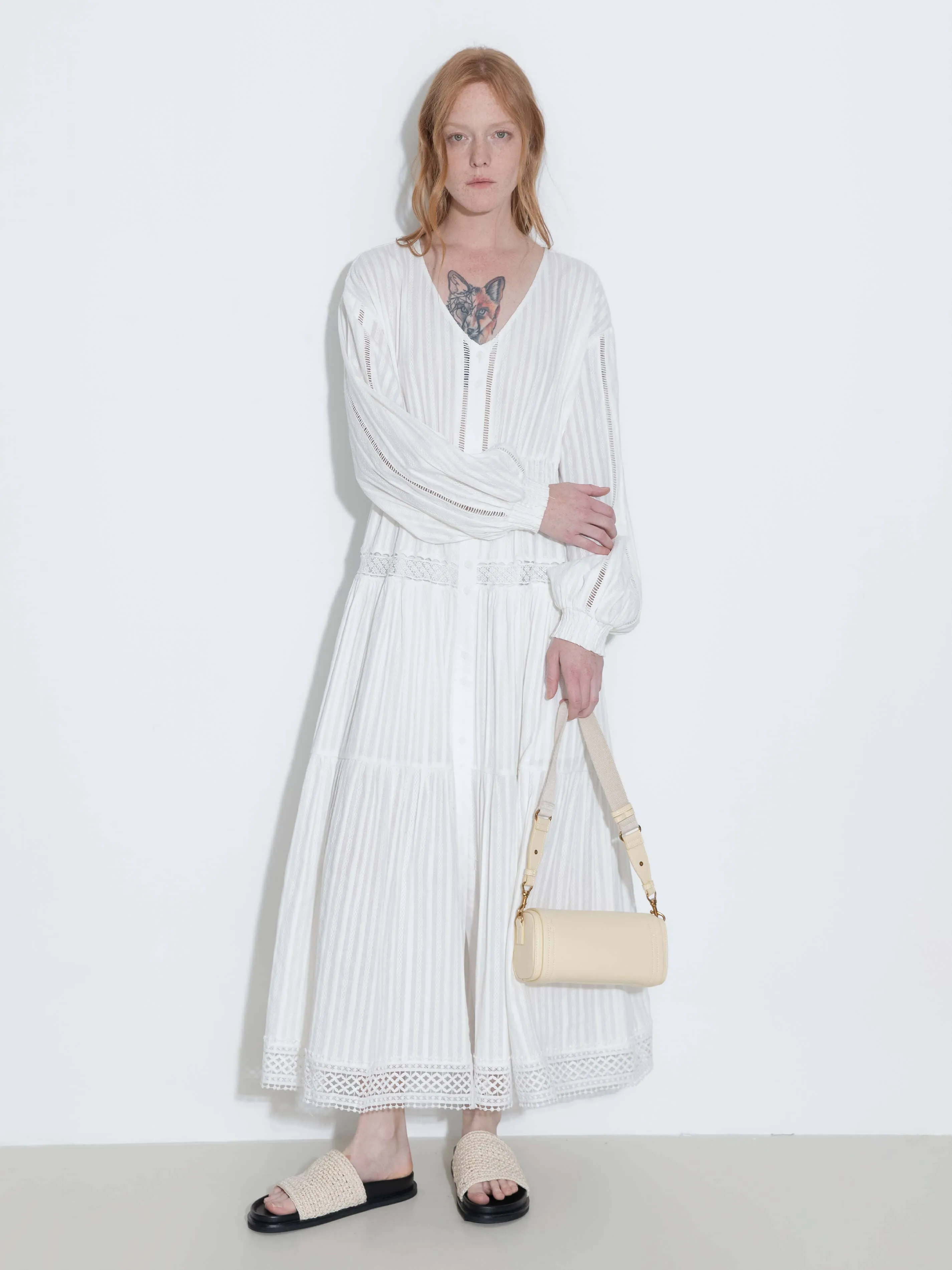 100% Cotton Lace Hollow V-Neck Waist-Cinched Maxi Dress: AliceBlue / M