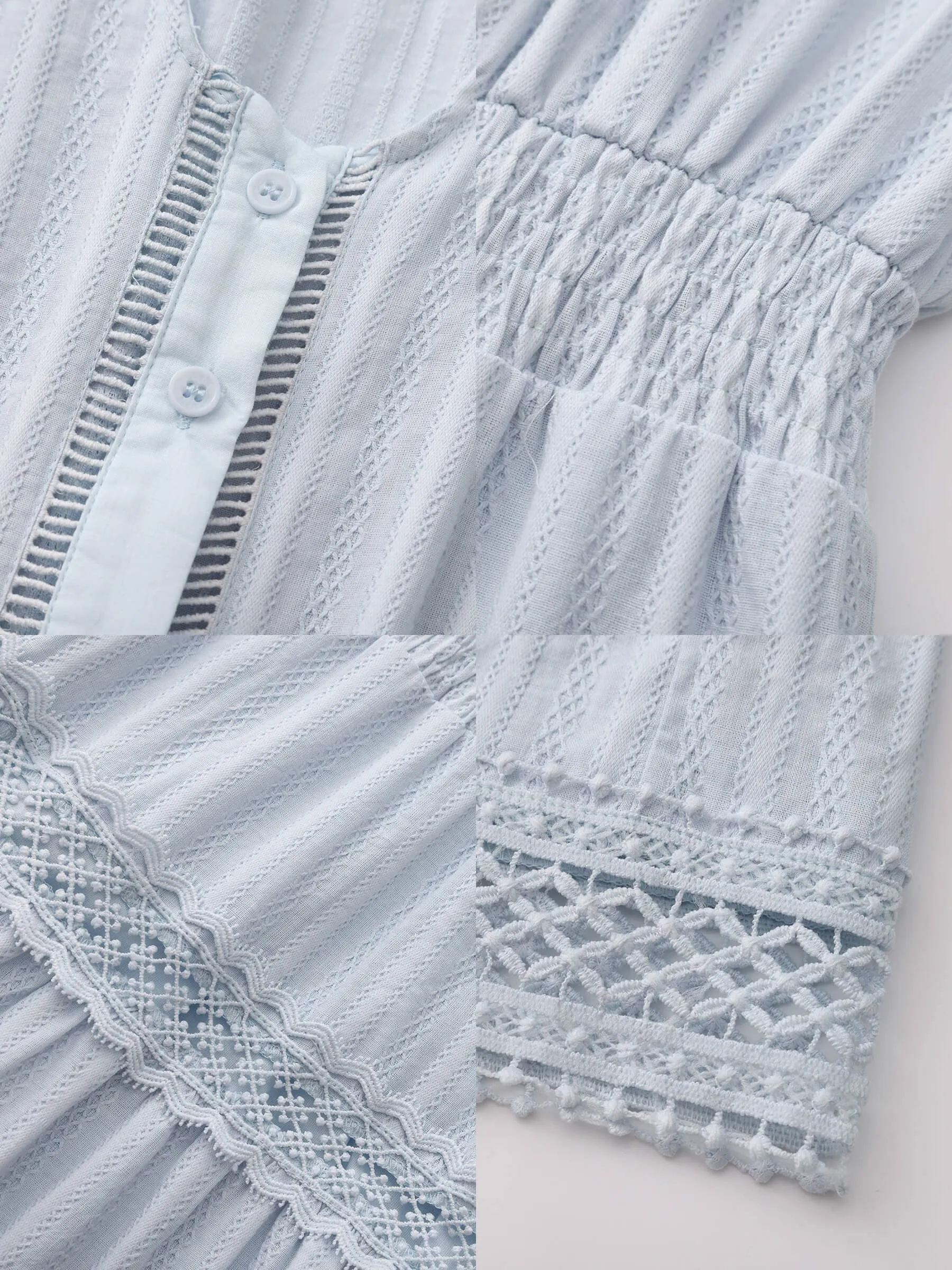100% Cotton Lace Hollow V-Neck Waist-Cinched Maxi Dress: AliceBlue / M
