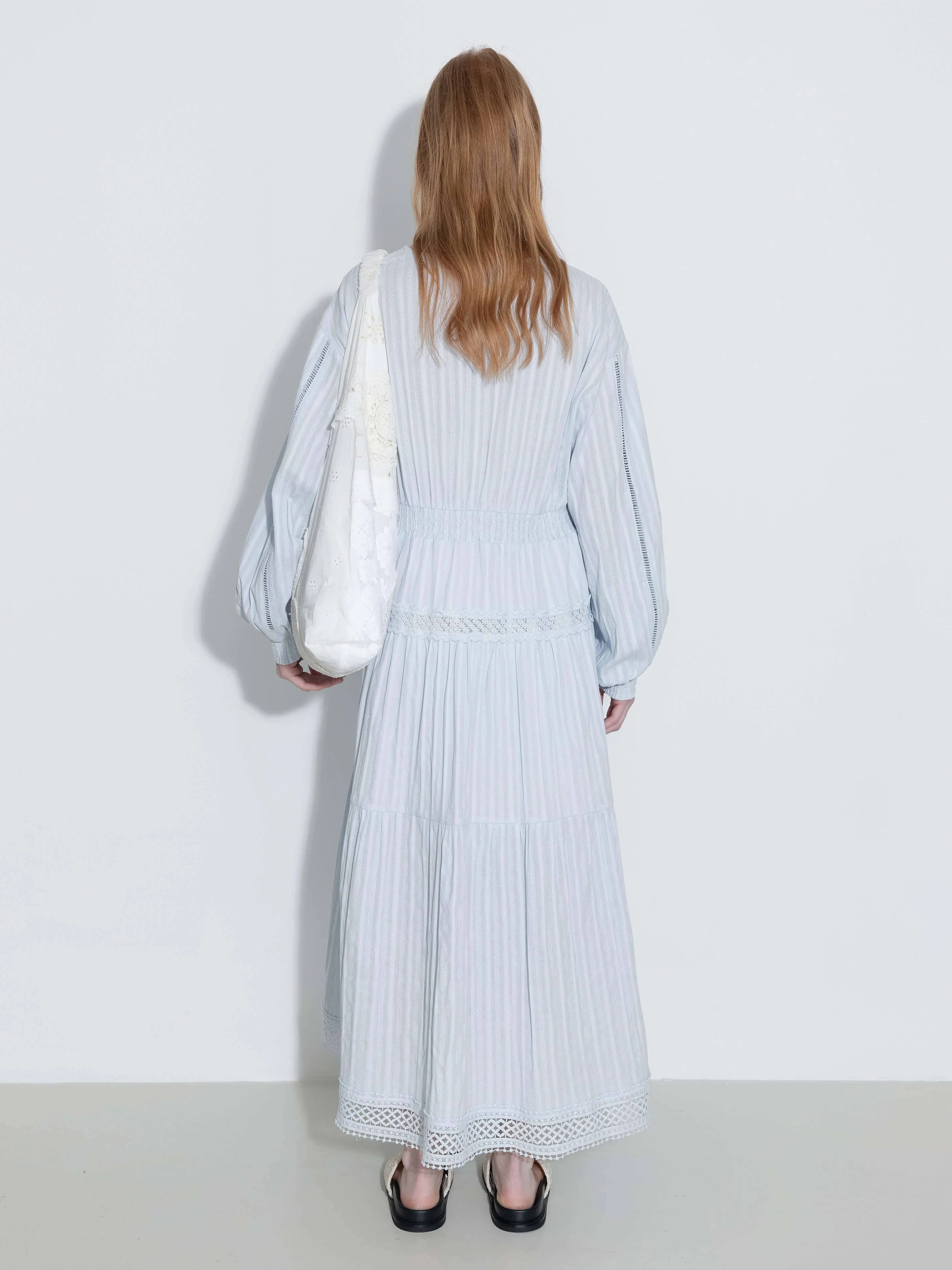 100% Cotton Lace Hollow V-Neck Waist-Cinched Maxi Dress: AliceBlue / M