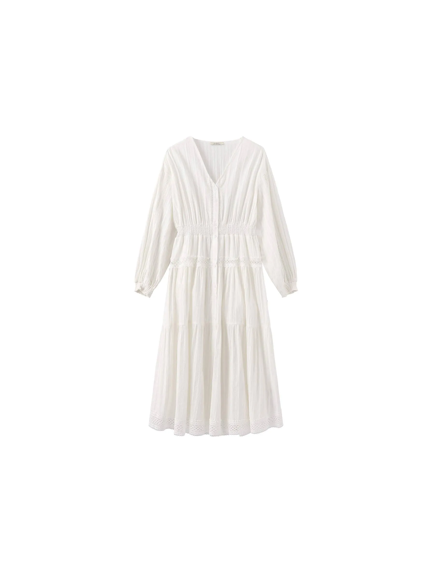 100% Cotton Lace Hollow V-Neck Waist-Cinched Maxi Dress: AliceBlue / M