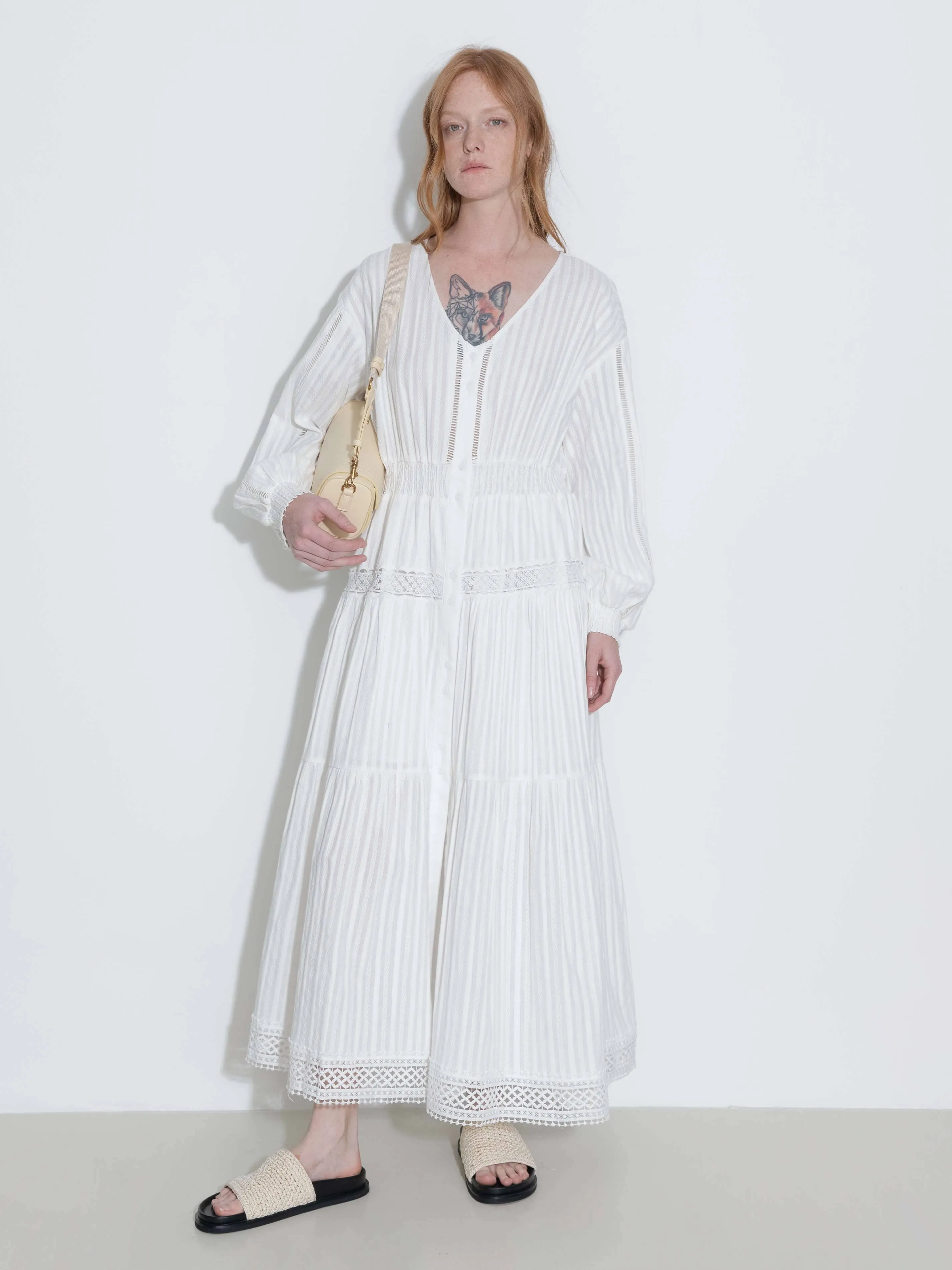 100% Cotton Lace Hollow V-Neck Waist-Cinched Maxi Dress: AliceBlue / M