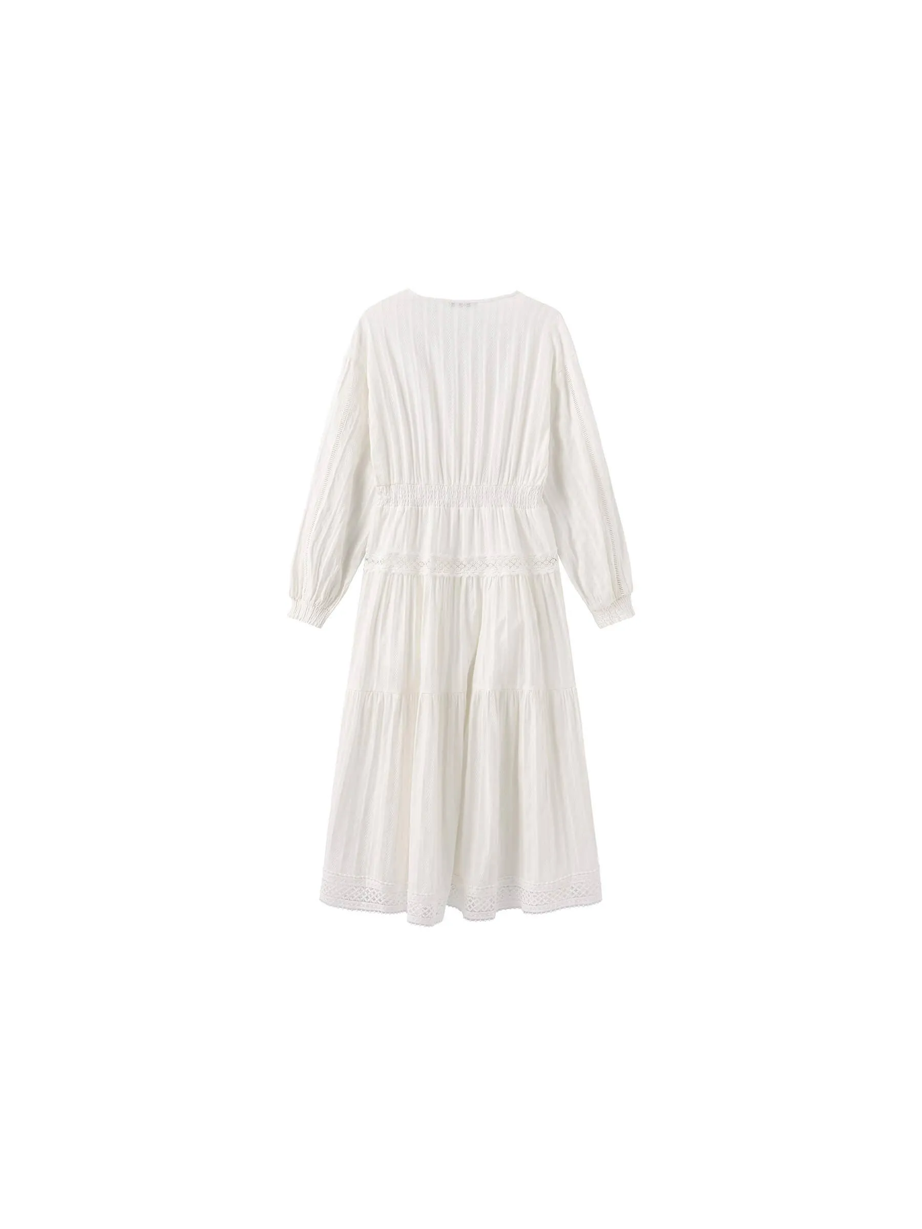 100% Cotton Lace Hollow V-Neck Waist-Cinched Maxi Dress: AliceBlue / M