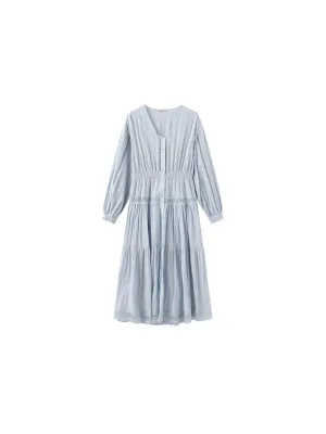 100% Cotton Lace Hollow V-Neck Waist-Cinched Maxi Dress: AliceBlue / M