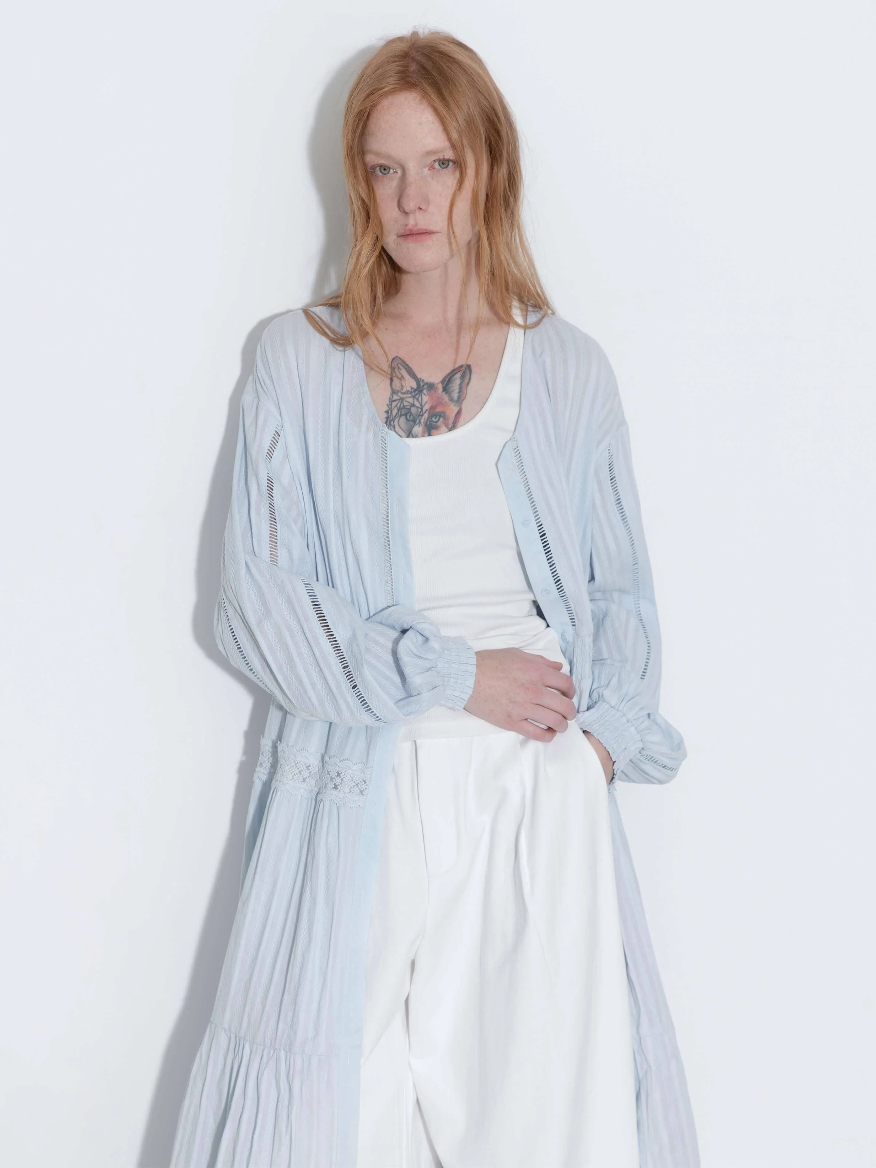 100% Cotton Lace Hollow V-Neck Waist-Cinched Maxi Dress: AliceBlue / M