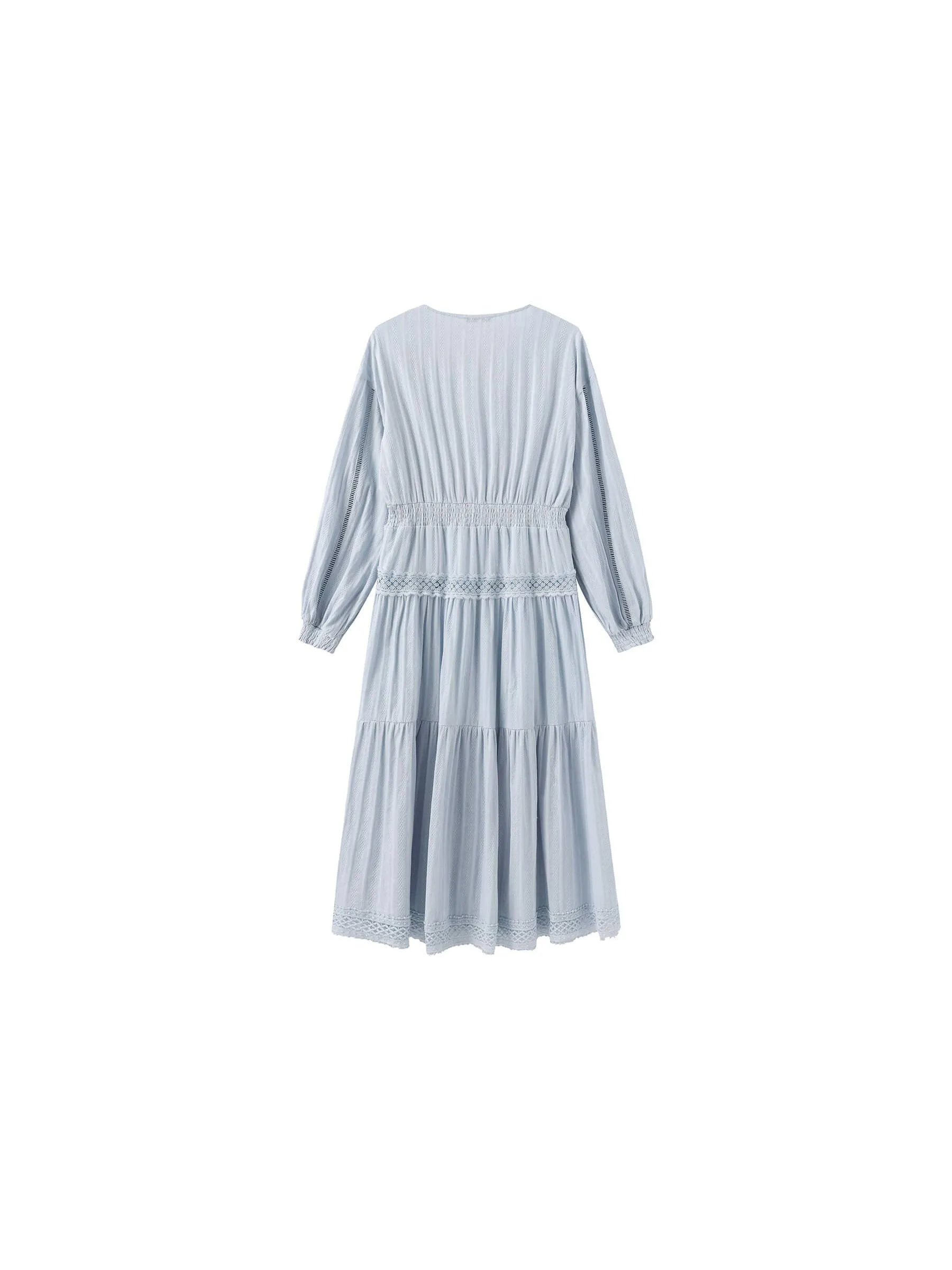 100% Cotton Lace Hollow V-Neck Waist-Cinched Maxi Dress: AliceBlue / M