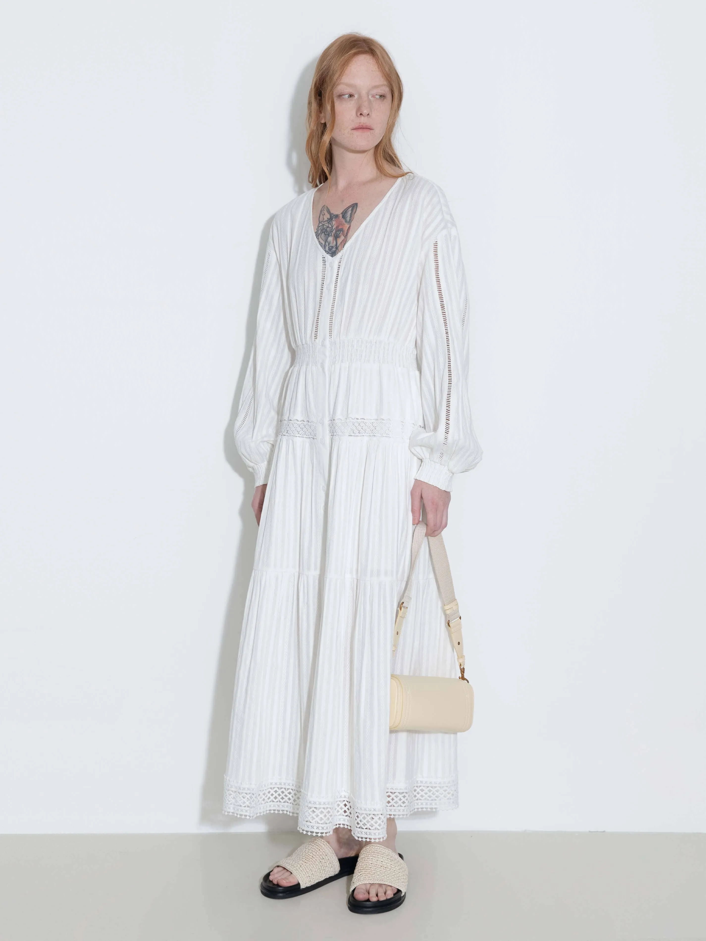 100% Cotton Lace Hollow V-Neck Waist-Cinched Maxi Dress: AliceBlue / M