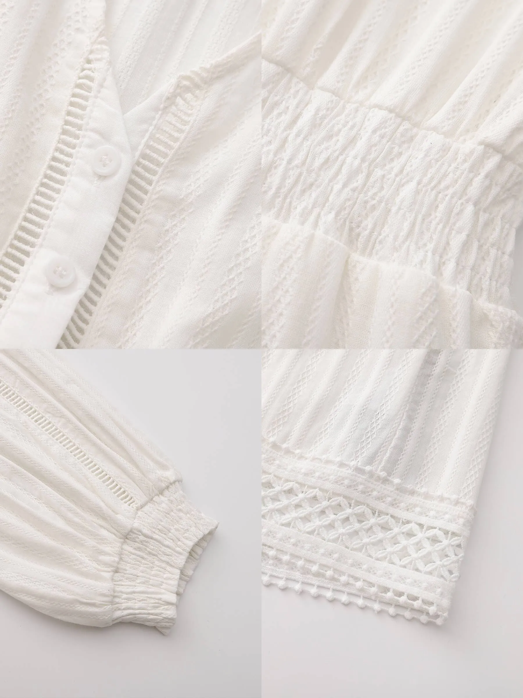100% Cotton Lace Hollow V-Neck Waist-Cinched Maxi Dress: AliceBlue / M