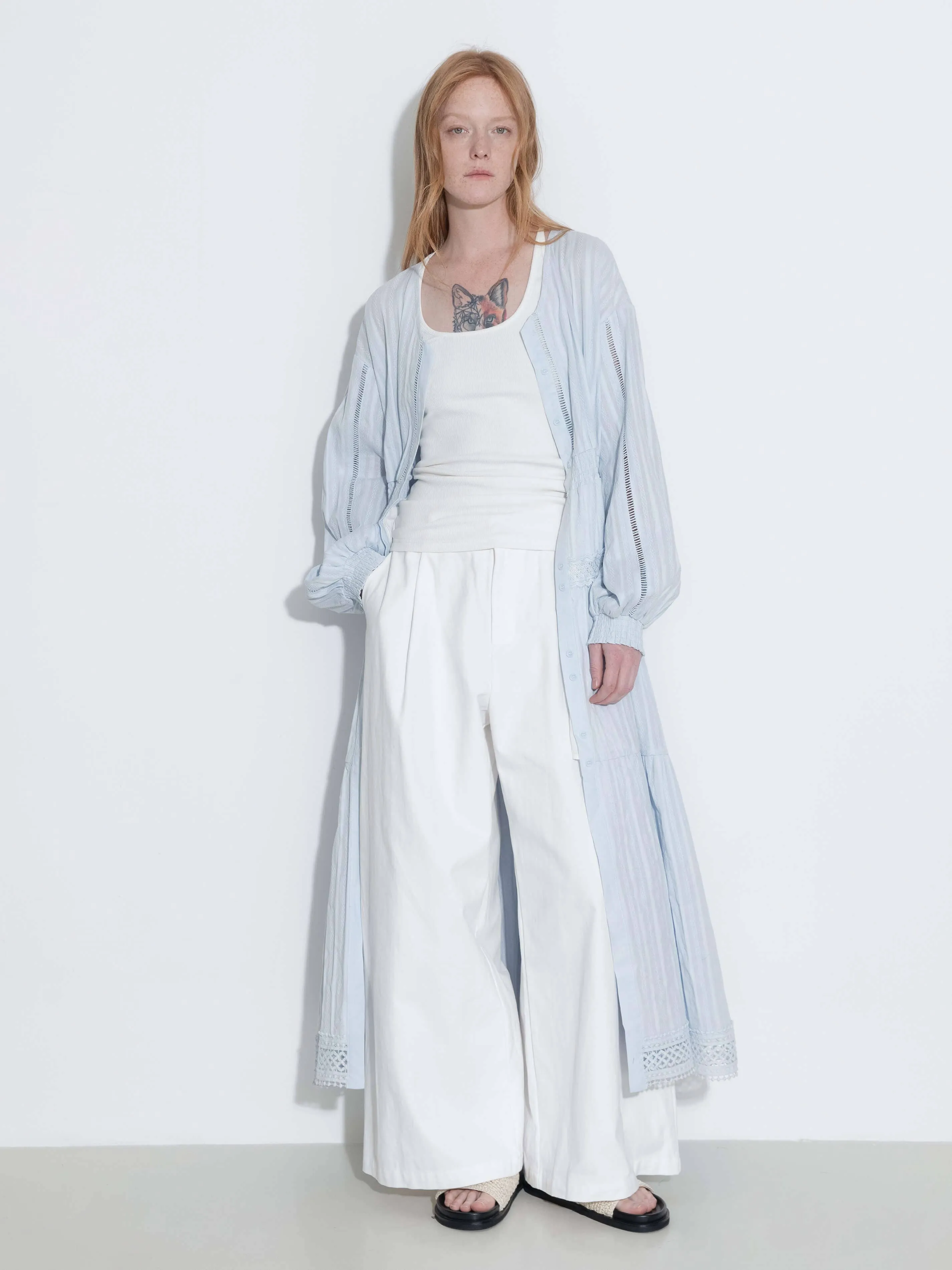 100% Cotton Lace Hollow V-Neck Waist-Cinched Maxi Dress: AliceBlue / M
