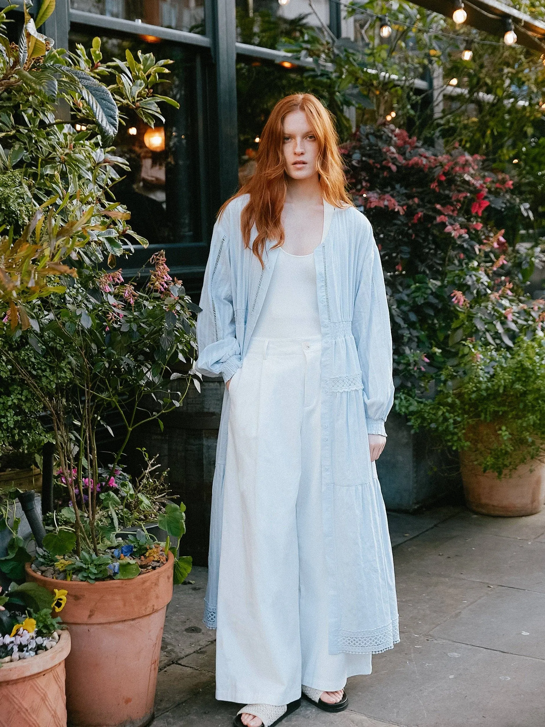 100% Cotton Lace Hollow V-Neck Waist-Cinched Maxi Dress: AliceBlue / M