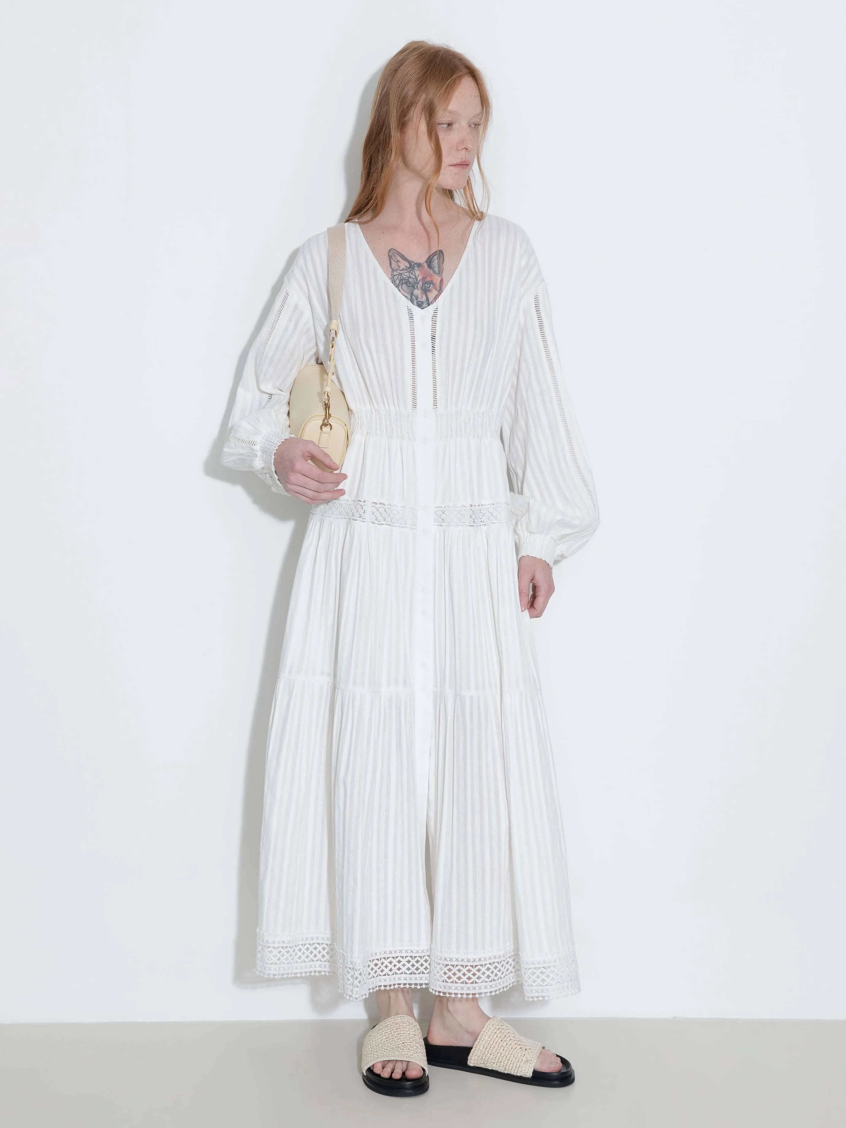 100% Cotton Lace Hollow V-Neck Waist-Cinched Maxi Dress: AliceBlue / M