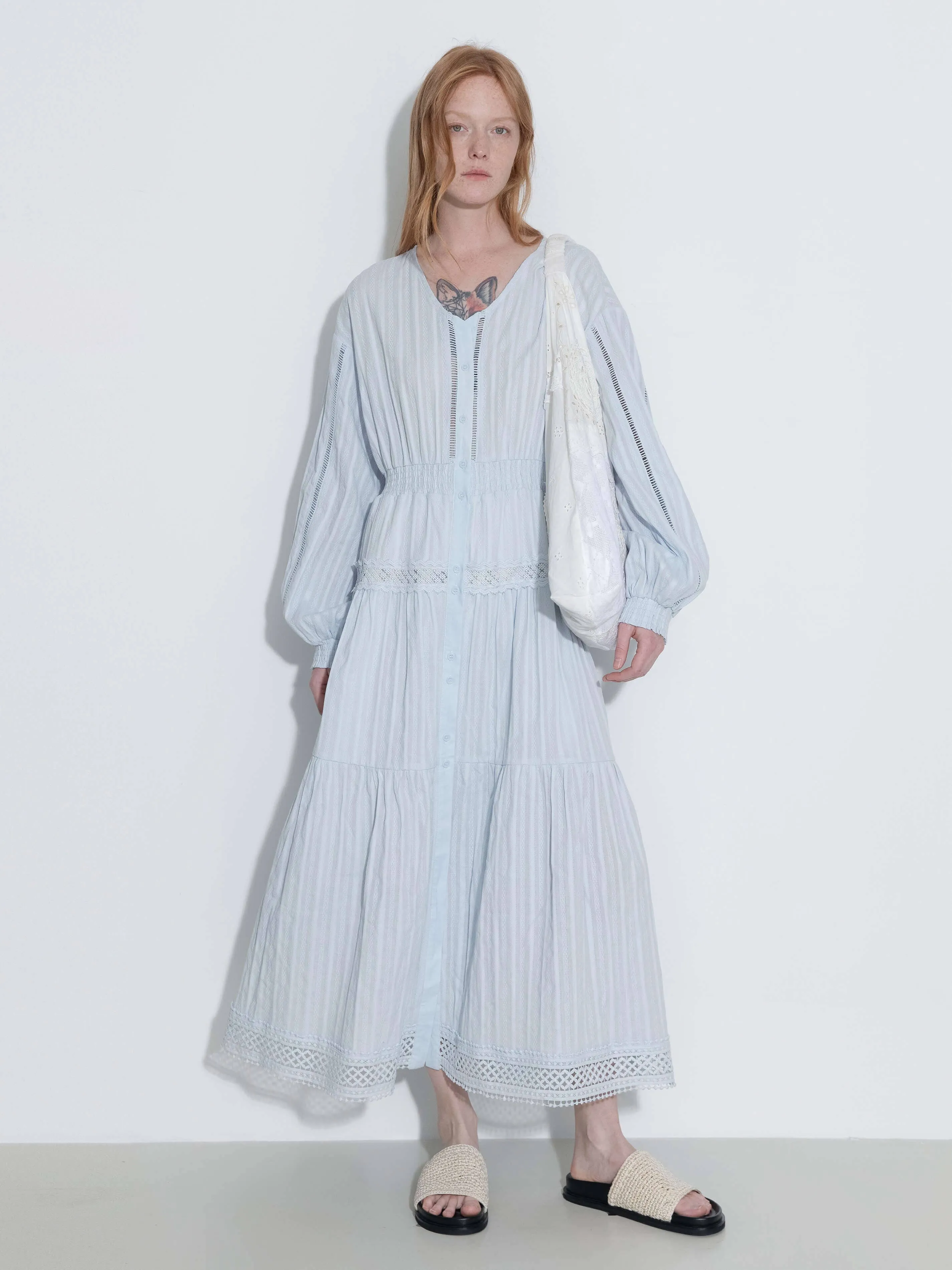 100% Cotton Lace Hollow V-Neck Waist-Cinched Maxi Dress: AliceBlue / M