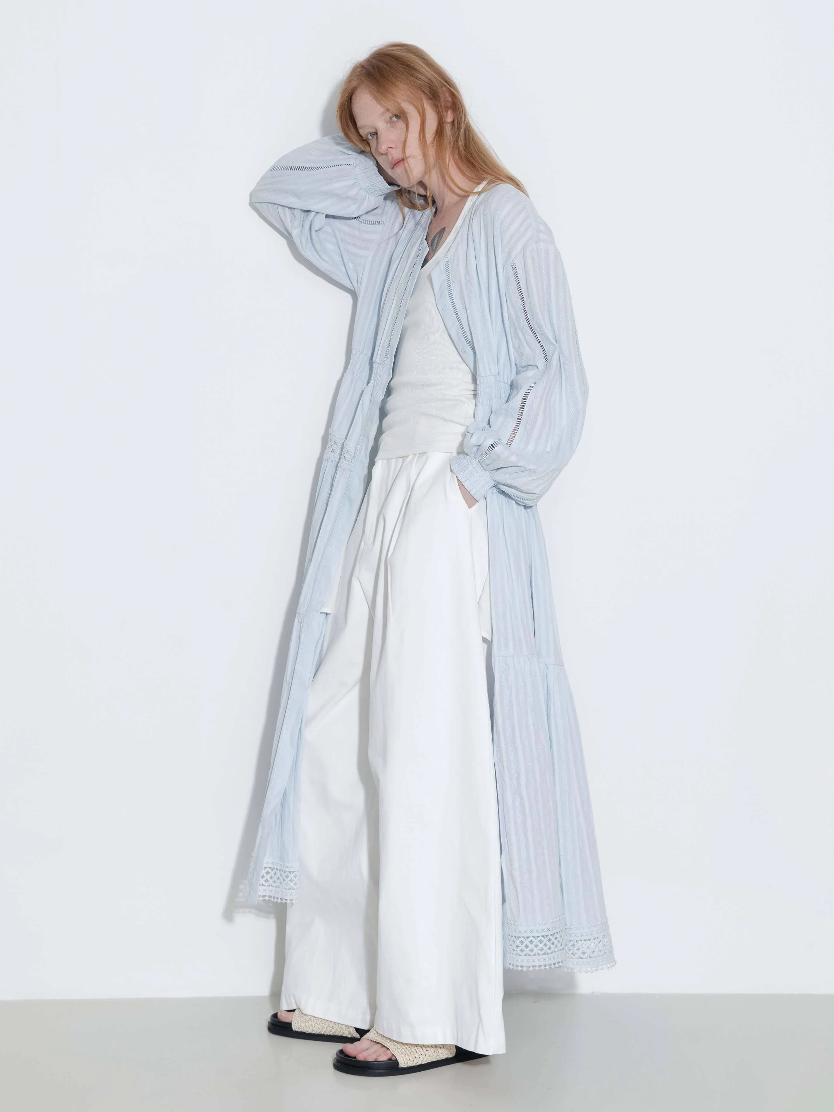 100% Cotton Lace Hollow V-Neck Waist-Cinched Maxi Dress: AliceBlue / M