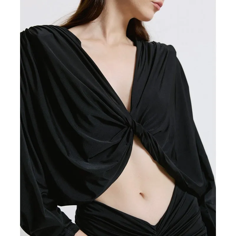 Access Fashion Black Draped Blouse With Gathering