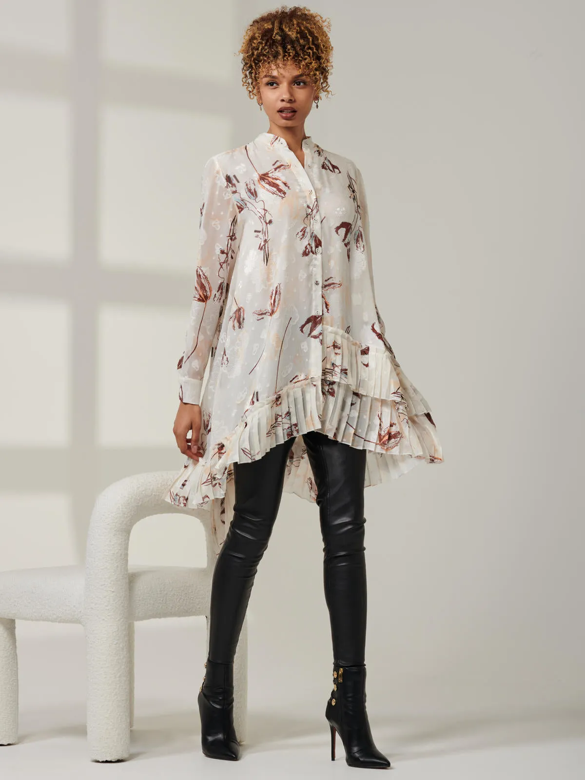 Asymmetric Tiered Hem Shirt, Cream Floral