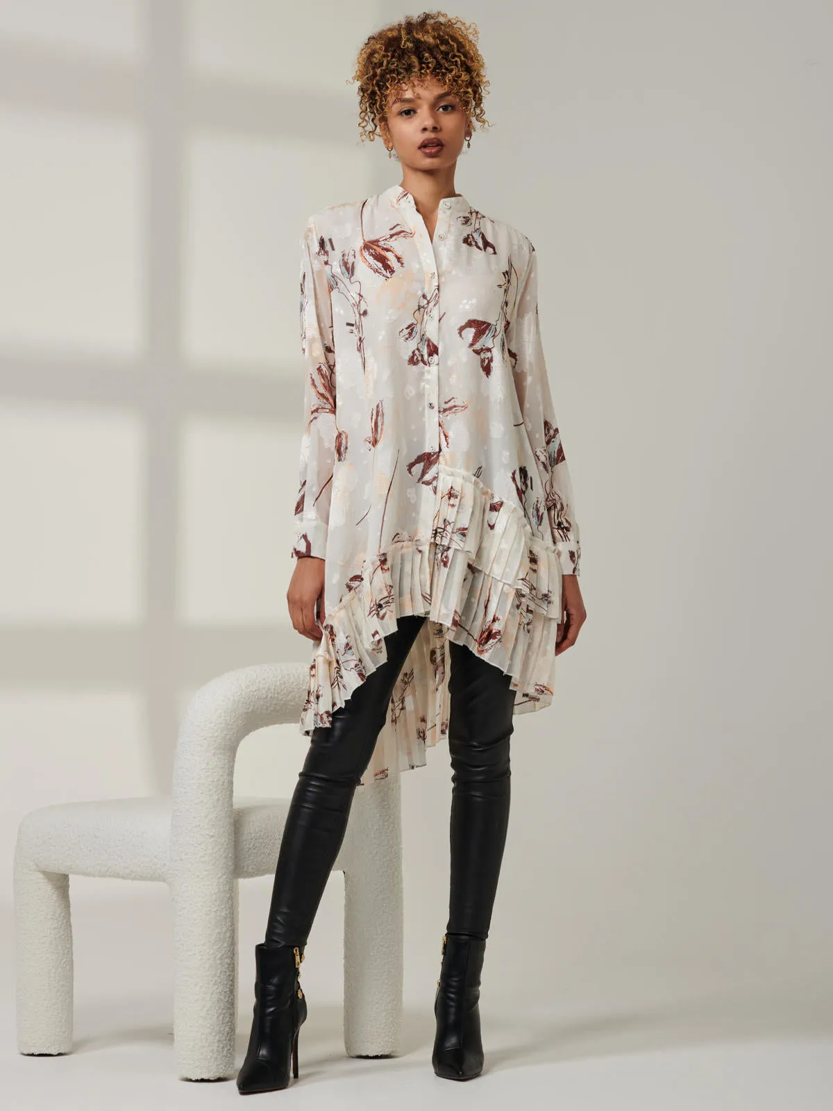Asymmetric Tiered Hem Shirt, Cream Floral
