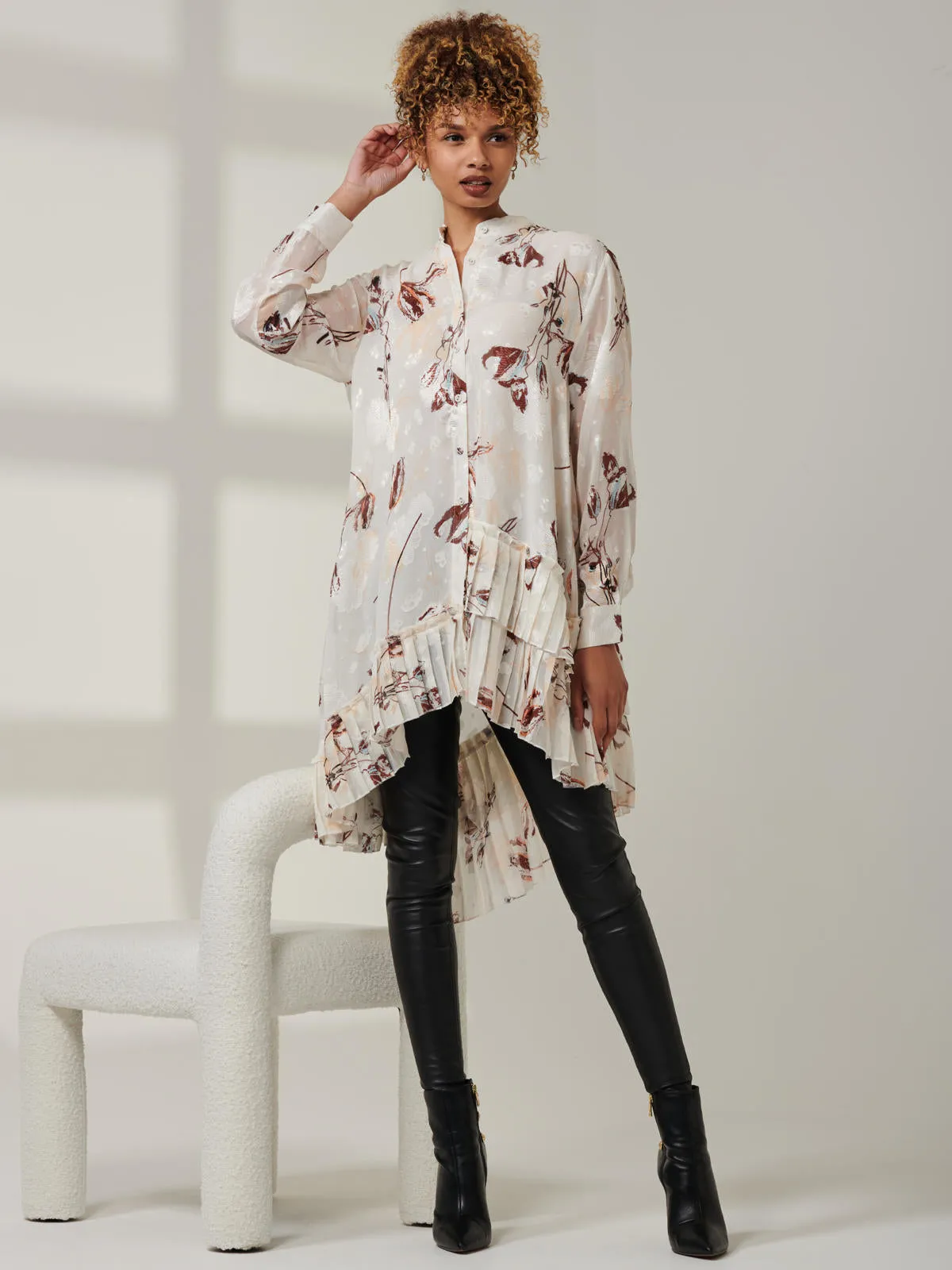 Asymmetric Tiered Hem Shirt, Cream Floral