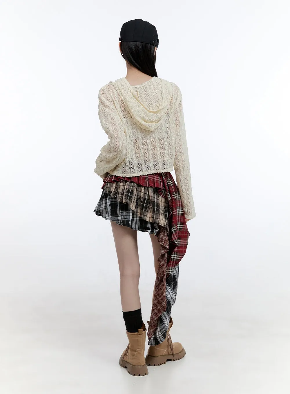 Asymmetrical Ruffle Checkered Mini Skirt CG412