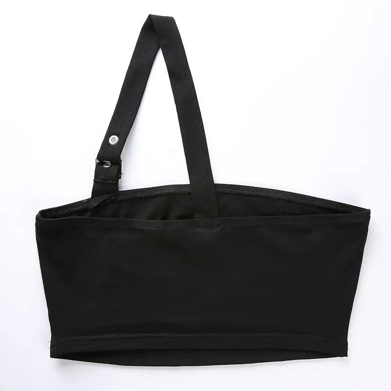 Black Adjustable Spaghetti Strap One Shoulder Hollow Sexy Cropped Sleeveless