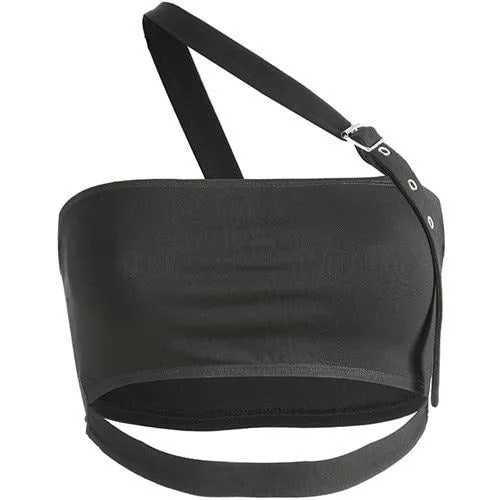 Black Adjustable Spaghetti Strap One Shoulder Hollow Sexy Cropped Sleeveless