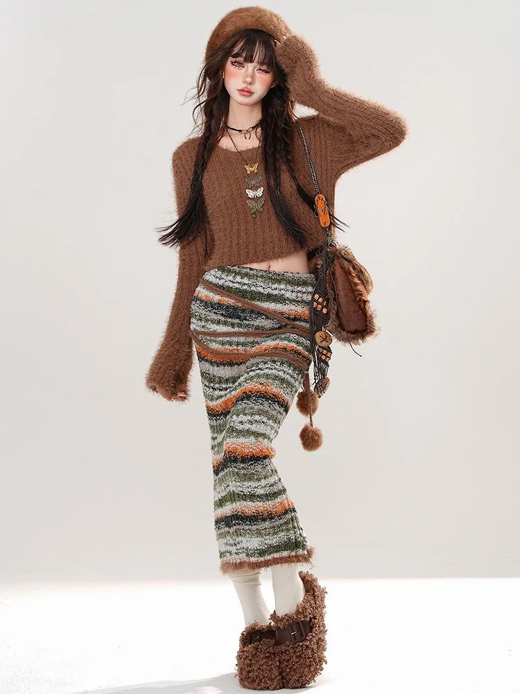 Brown Round Neck Cropped Sweater Pompom Details Striped Knit Bodycon Skirt Set