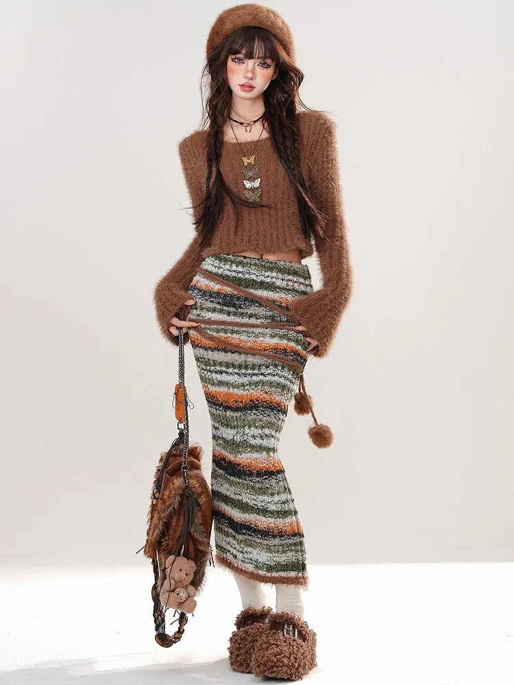Brown Round Neck Cropped Sweater Pompom Details Striped Knit Bodycon Skirt Set