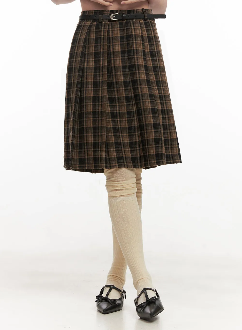 Checkered Pleated Midi Skirt IJ527