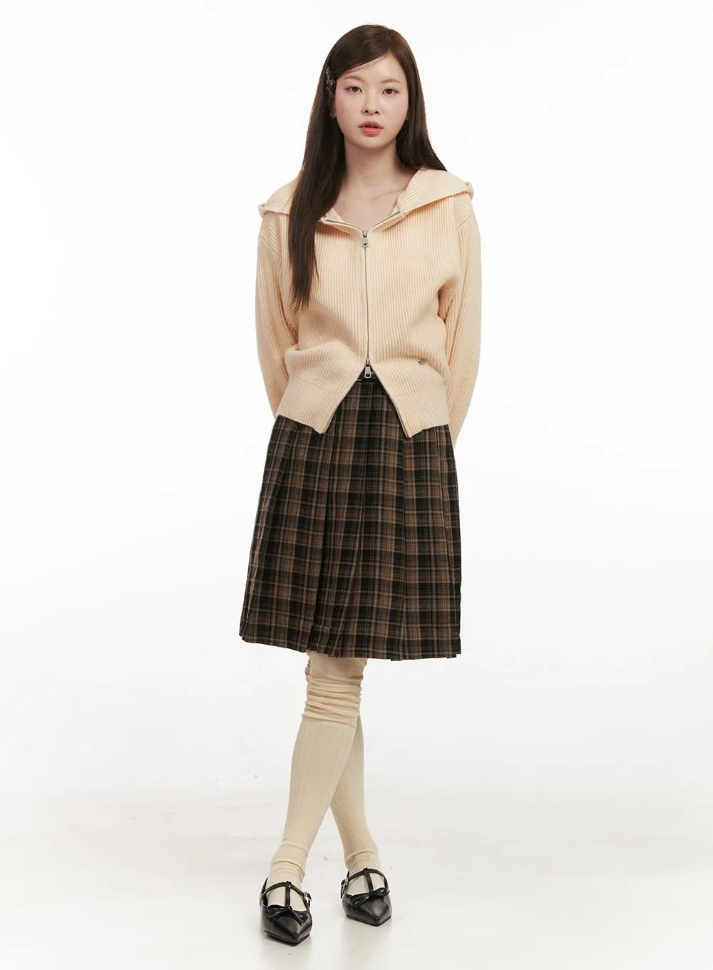 Checkered Pleated Midi Skirt IJ527