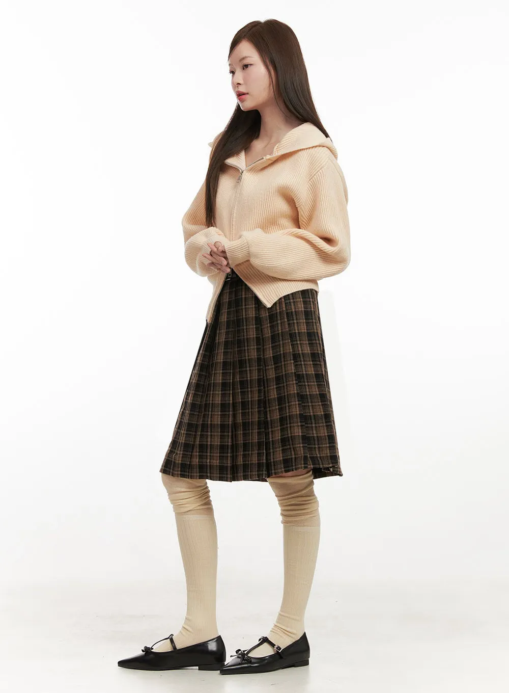 Checkered Pleated Midi Skirt IJ527