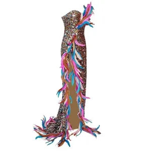 Colorful Feathers Long Dress Off the Shoulder Skirt Sexy Bodycon Mermaid Fashion Evening Party Dress Vestido Celebration