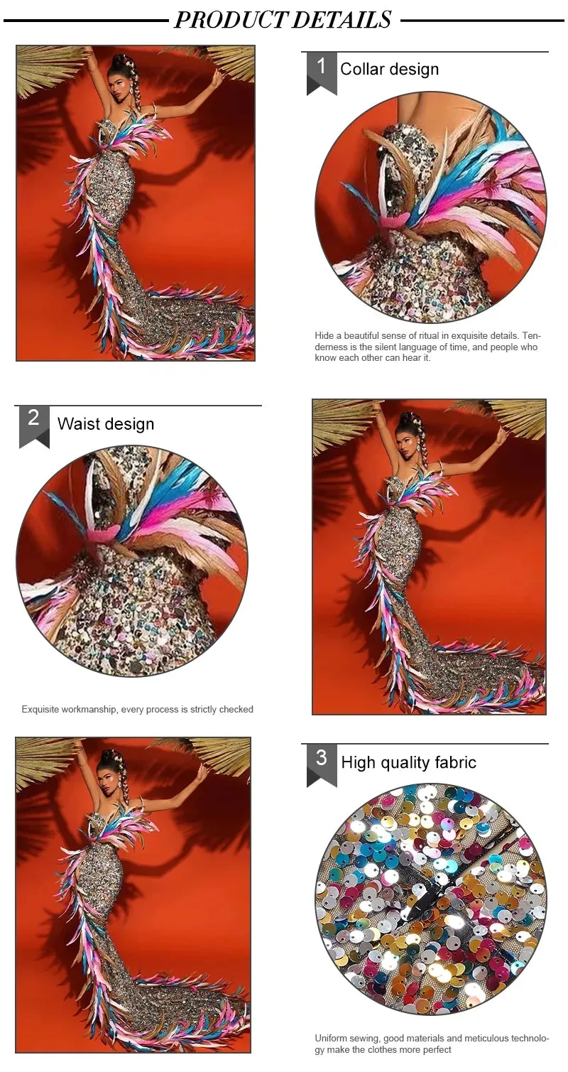 Colorful Feathers Long Dress Off the Shoulder Skirt Sexy Bodycon Mermaid Fashion Evening Party Dress Vestido Celebration