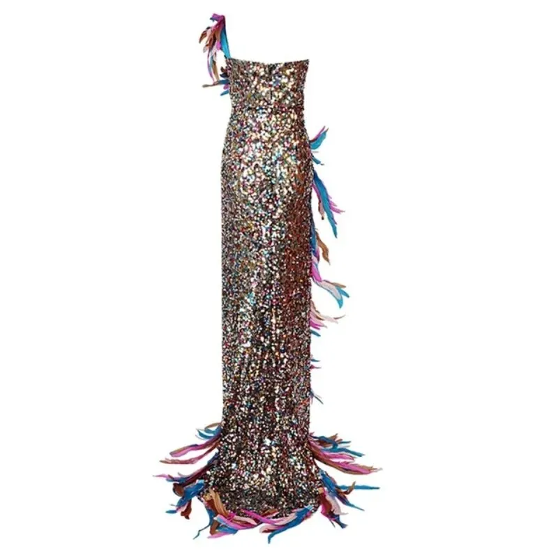 Colorful Feathers Long Dress Off the Shoulder Skirt Sexy Bodycon Mermaid Fashion Evening Party Dress Vestido Celebration