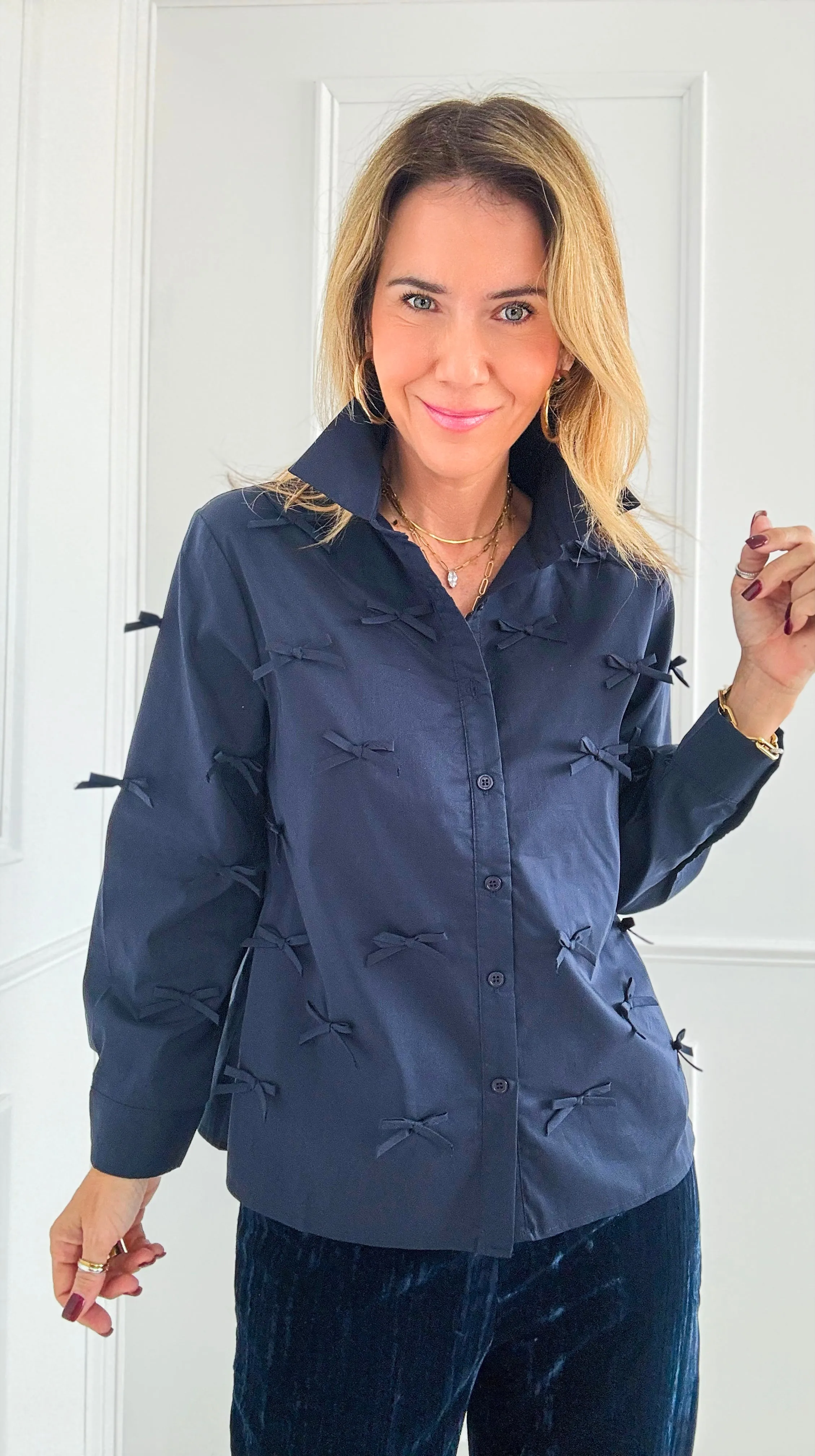 Elegance in Bows Top - Navy