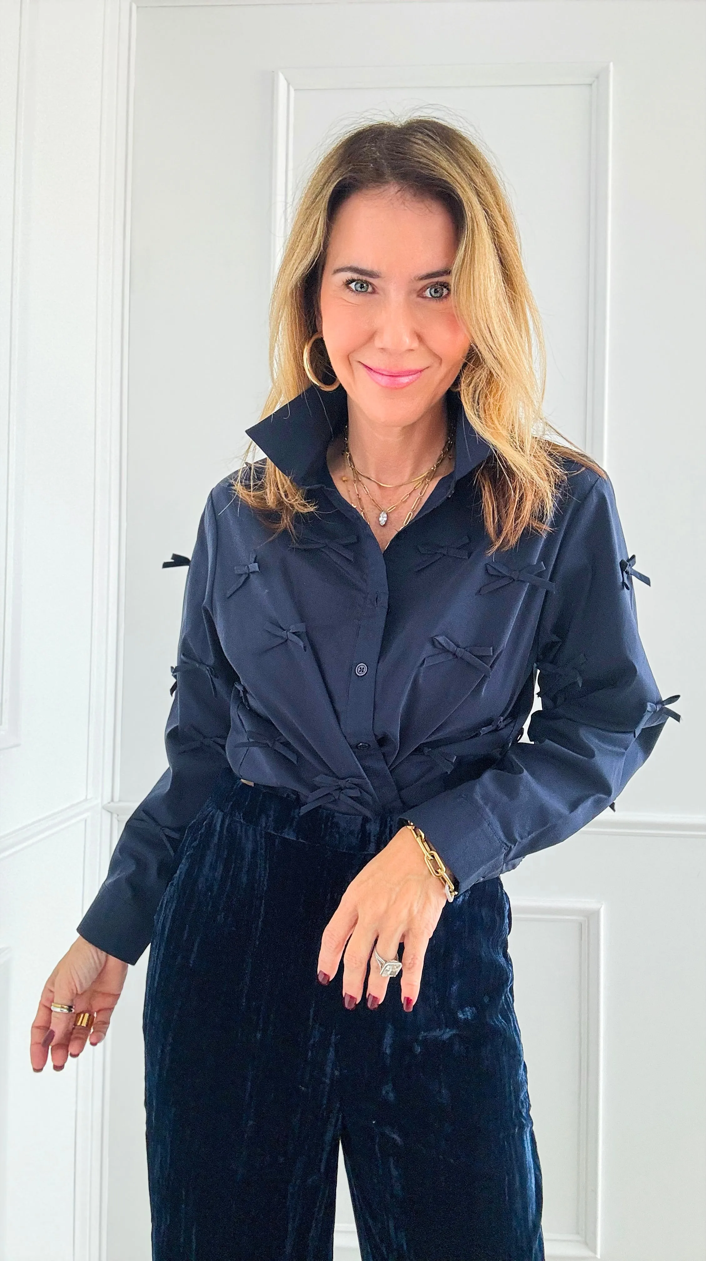 Elegance in Bows Top - Navy