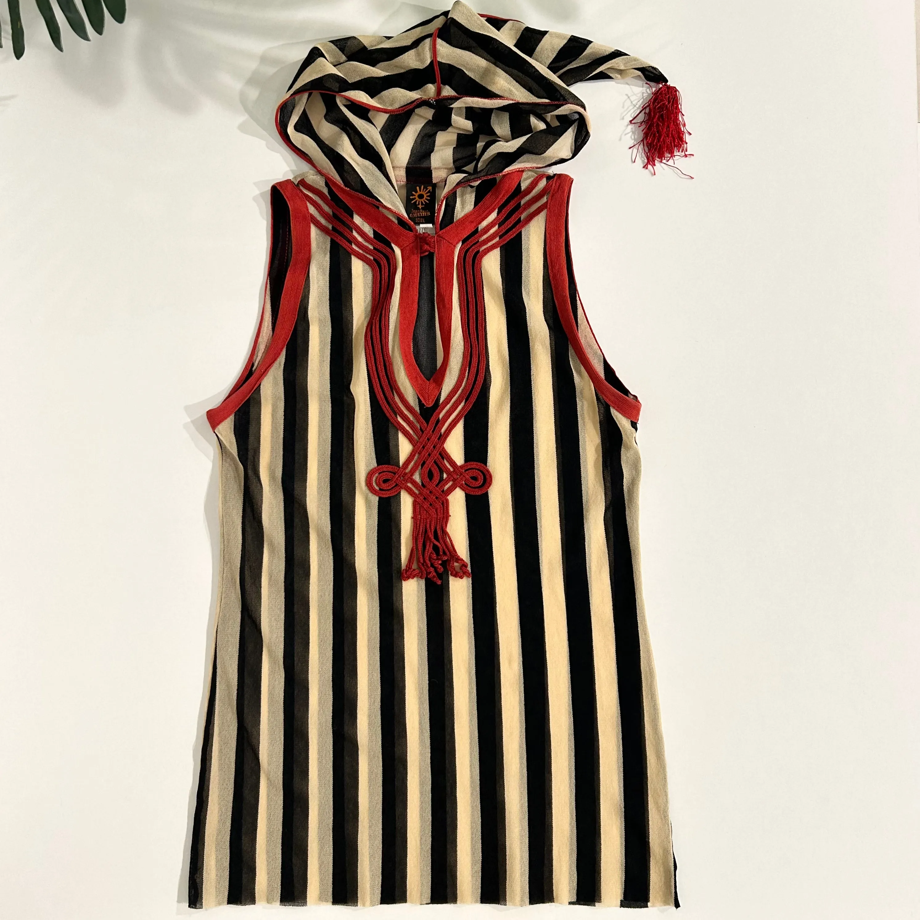 JPG Hooded Striped Mesh Top