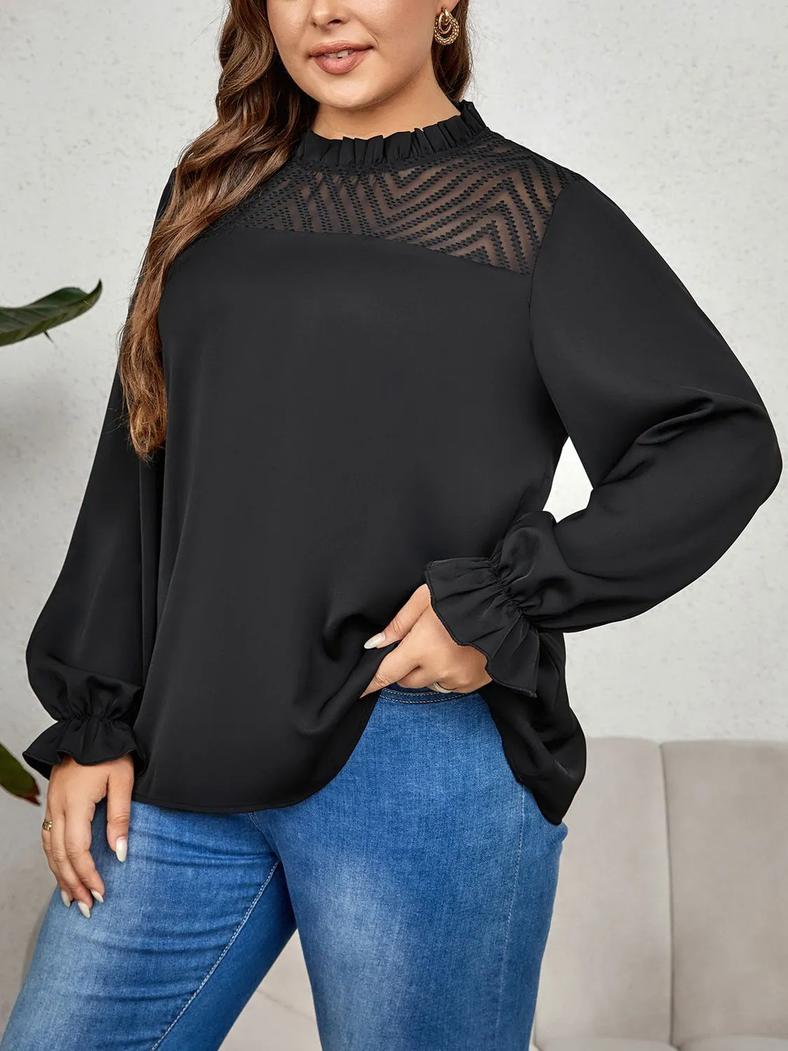 Once Again Plus Size Round Neck Flounce Sleeve Blouse