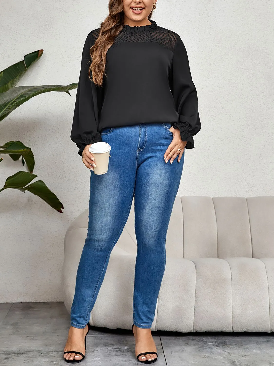 Once Again Plus Size Round Neck Flounce Sleeve Blouse