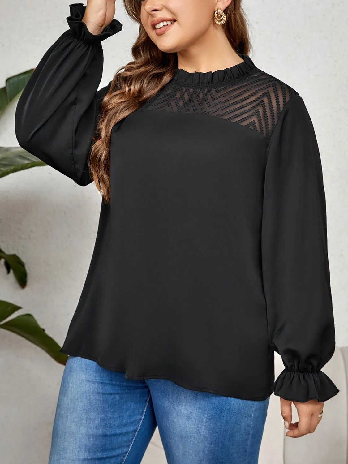 Once Again Plus Size Round Neck Flounce Sleeve Blouse