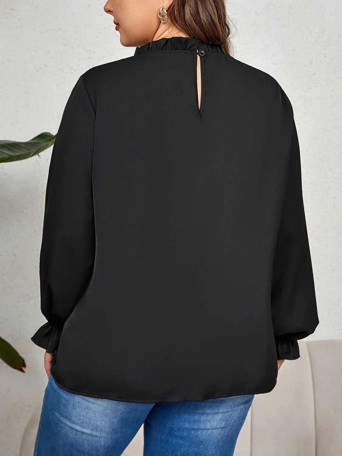 Once Again Plus Size Round Neck Flounce Sleeve Blouse