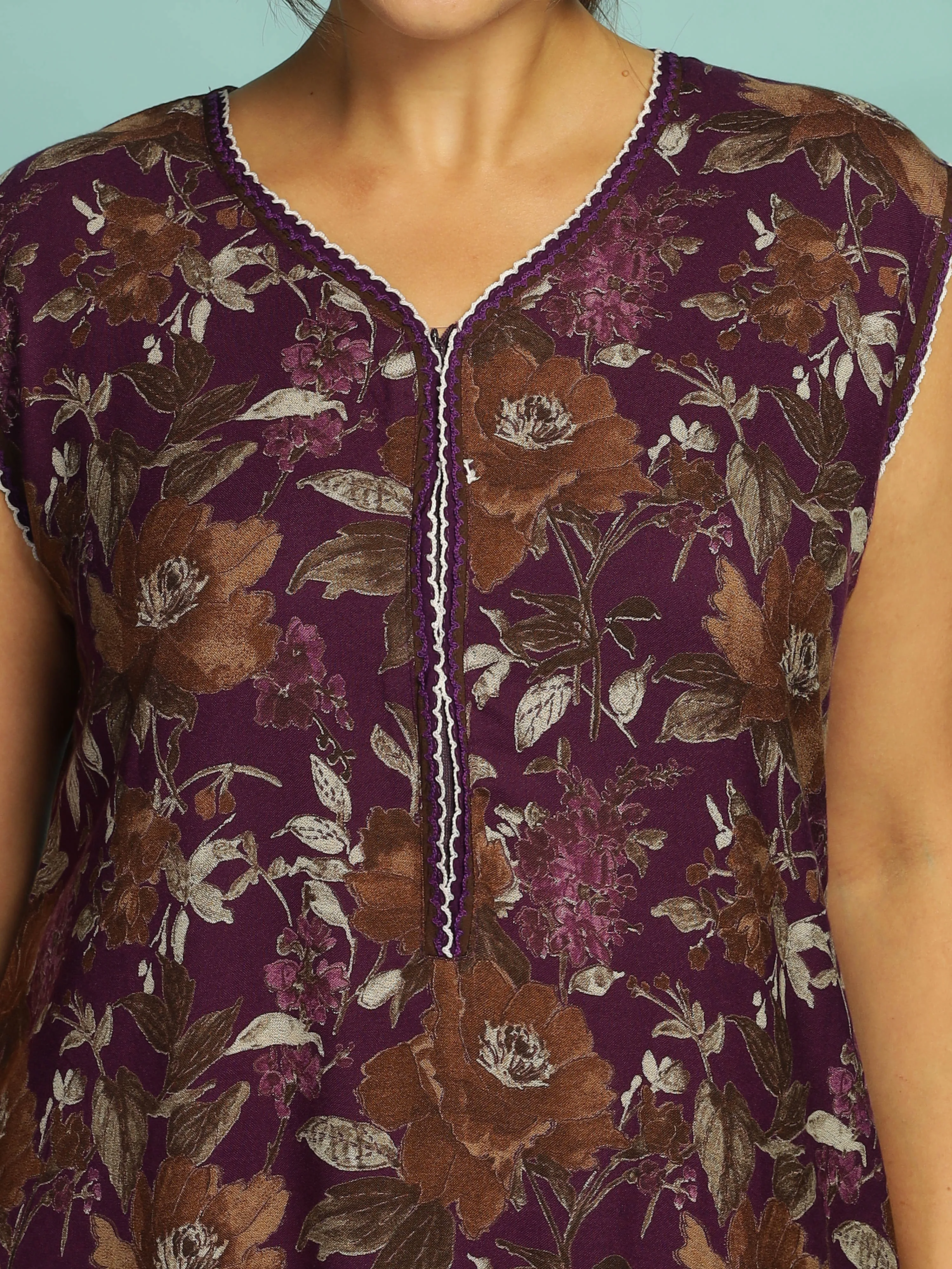 Purple Floral Sleeveless Designer Nighty With Elegant V-Neck Maxi Nighty
