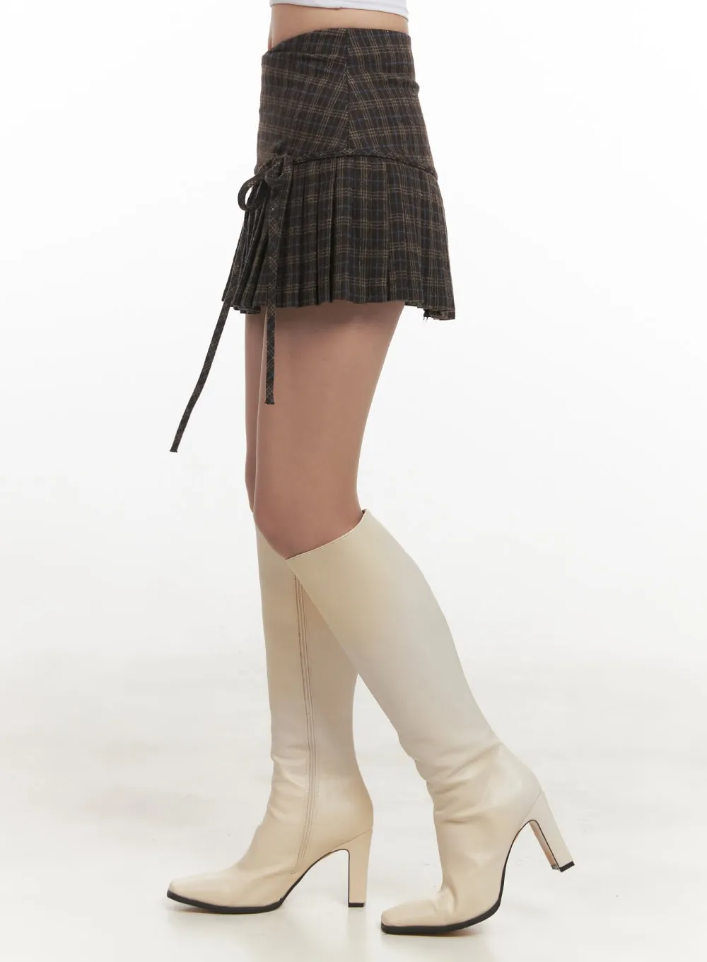 Ribbon Checkered Pleated Mini Skirt CJ514
