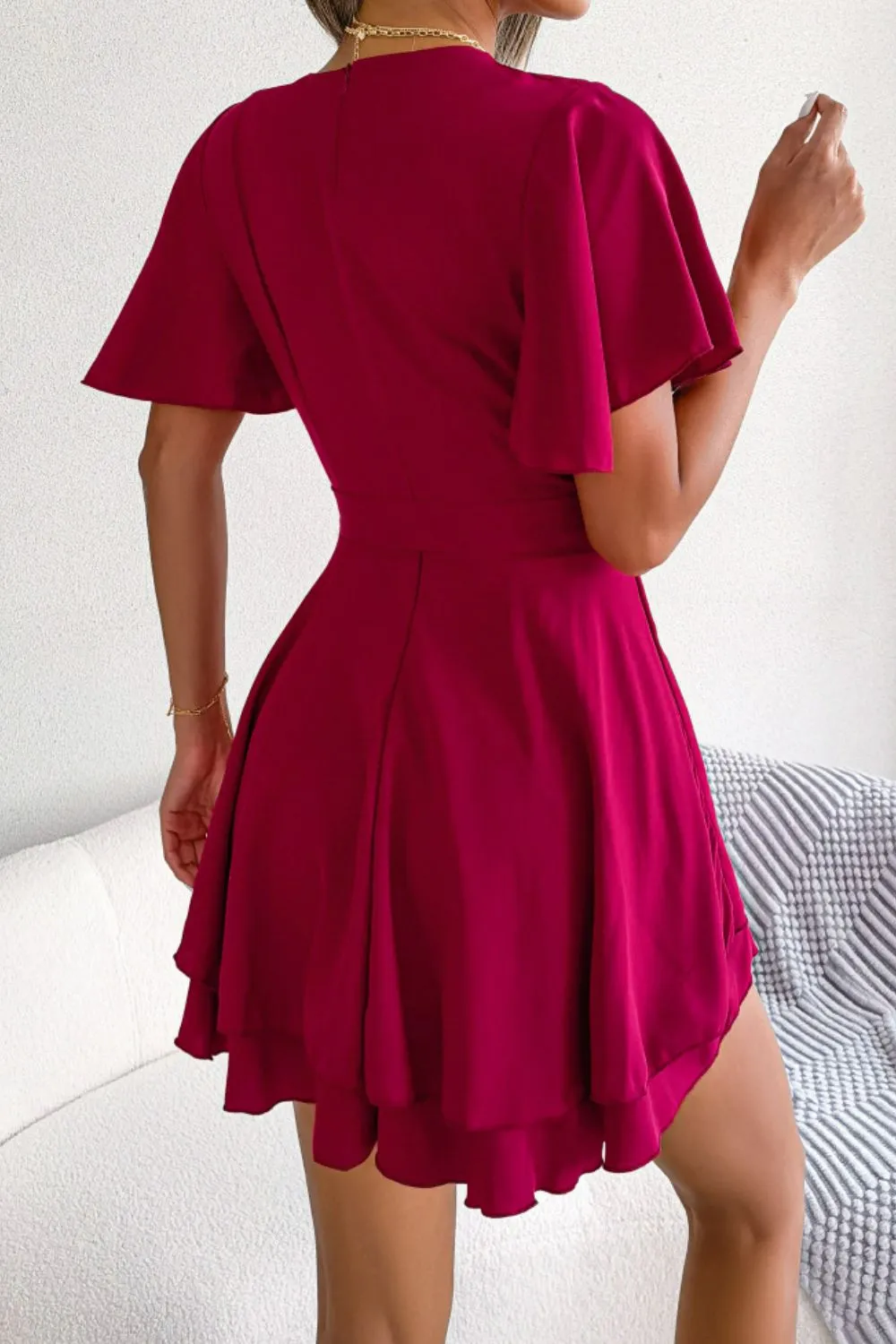 Tie Waist Flutter Sleeve Ruffled Dress