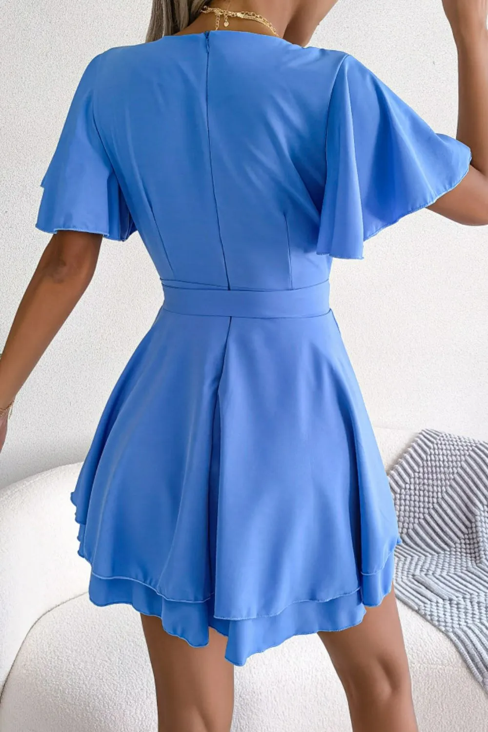 Tie Waist Flutter Sleeve Ruffled Dress