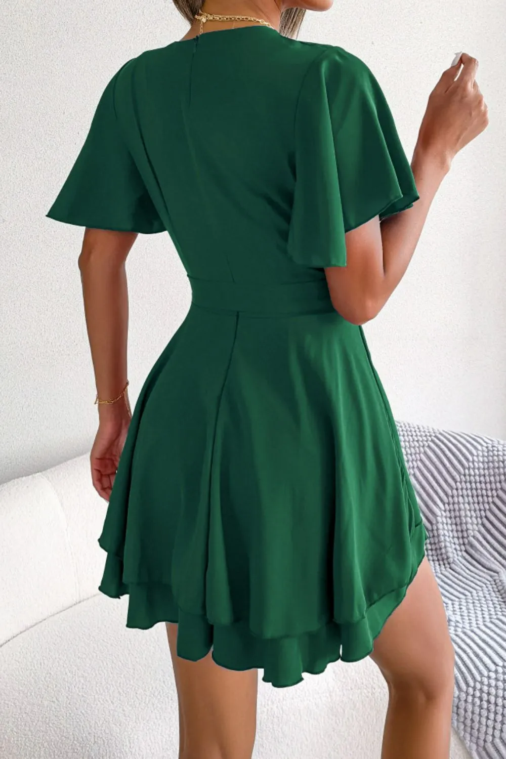 Tie Waist Flutter Sleeve Ruffled Dress
