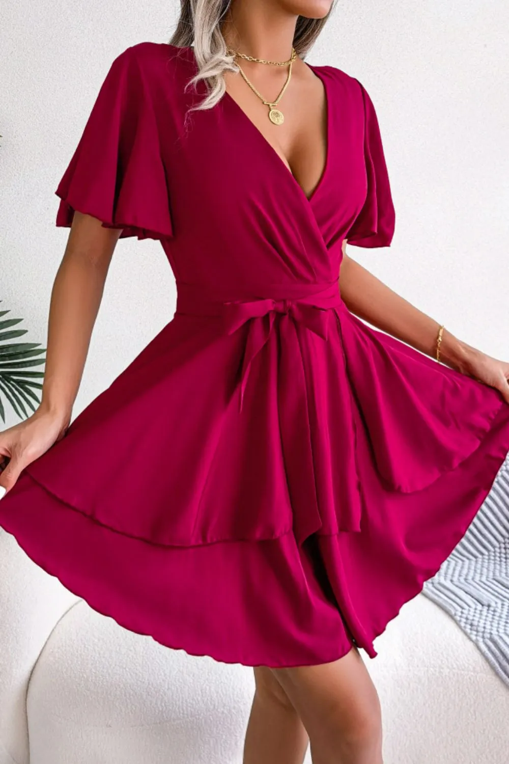 Tie Waist Flutter Sleeve Ruffled Dress