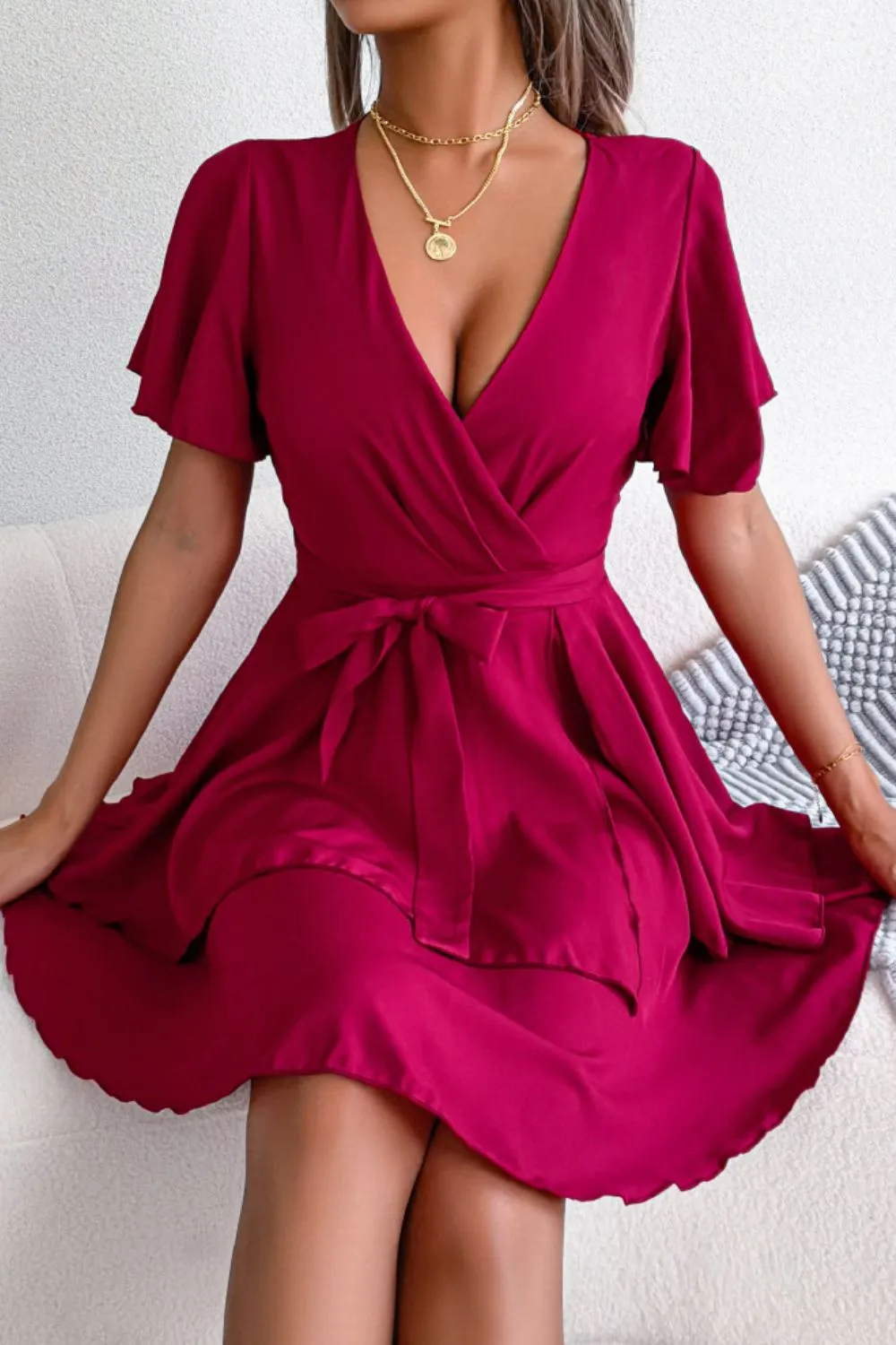 Tie Waist Flutter Sleeve Ruffled Dress