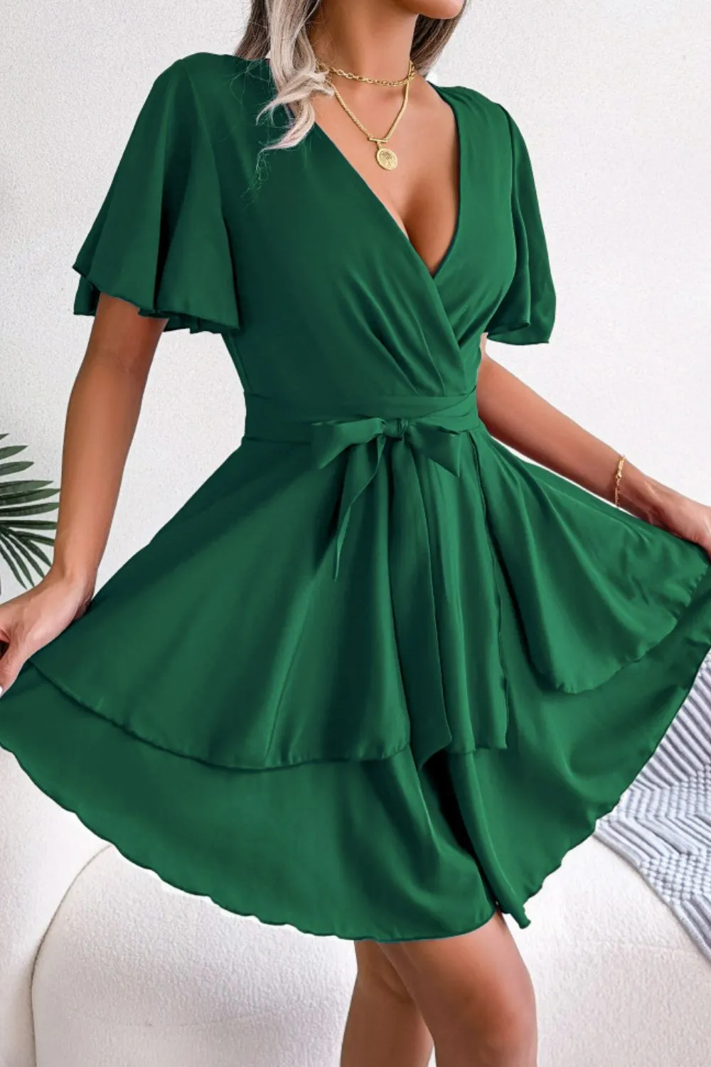 Tie Waist Flutter Sleeve Ruffled Dress