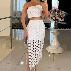 UAKISS  -  Sexy Strapless Top and Long Skirt Outfit Fashion Hollow Out Off Shoulder Slim Party Suit Casual Women Solid Color Two Piece Set