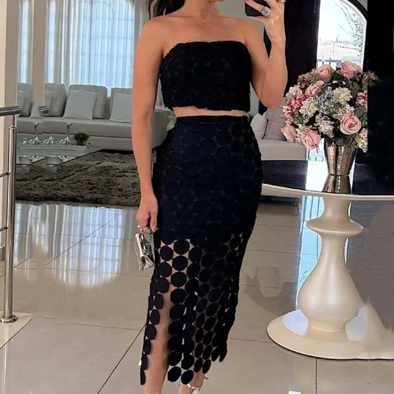 UAKISS  -  Sexy Strapless Top and Long Skirt Outfit Fashion Hollow Out Off Shoulder Slim Party Suit Casual Women Solid Color Two Piece Set
